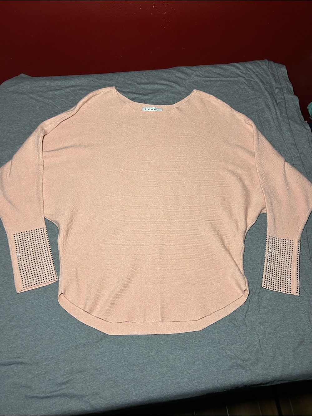 Lola Paris Pink Crewneck Sweater with Studded Cuffs